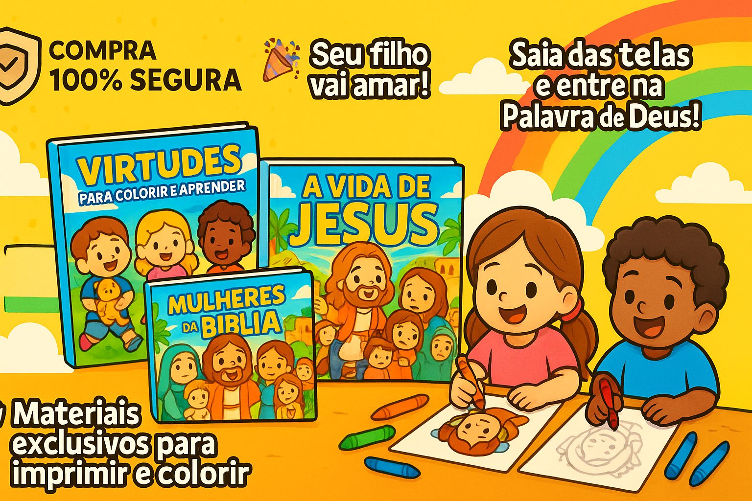 Crianças colorindo livros cristãos - Virtudes, A Vida de Jesus, Mulheres da Bíblia